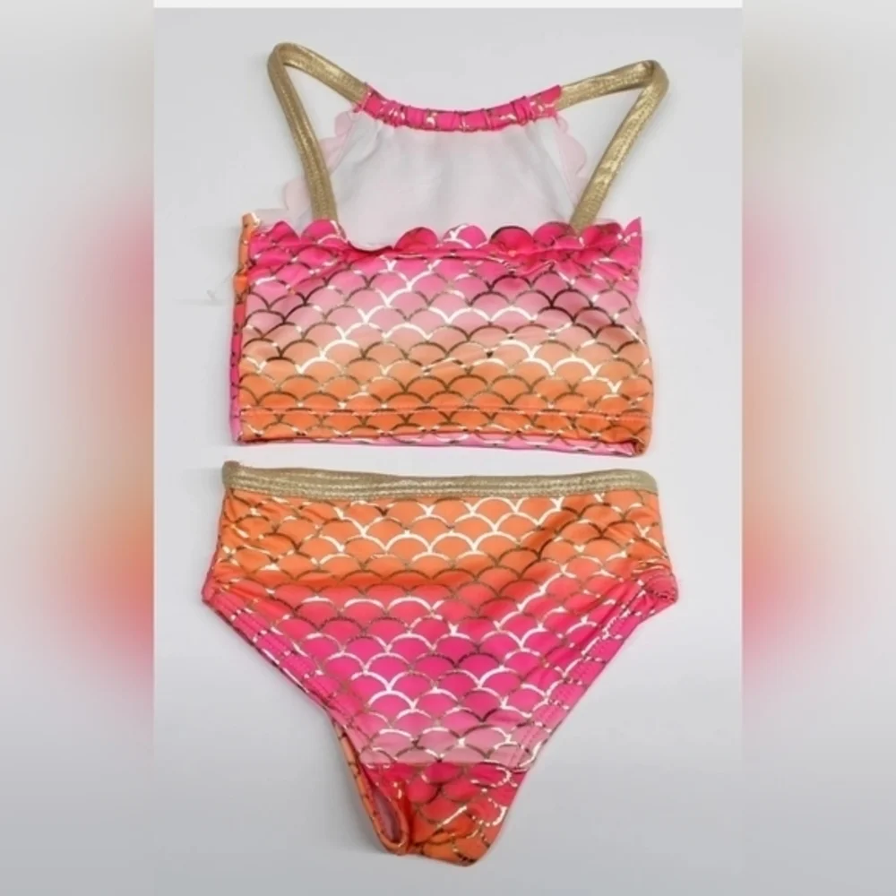 Mermaid Scallop Pink Orange & Metallic Gold Girls 2 Piece Bikini‎ Swimwear. NWT